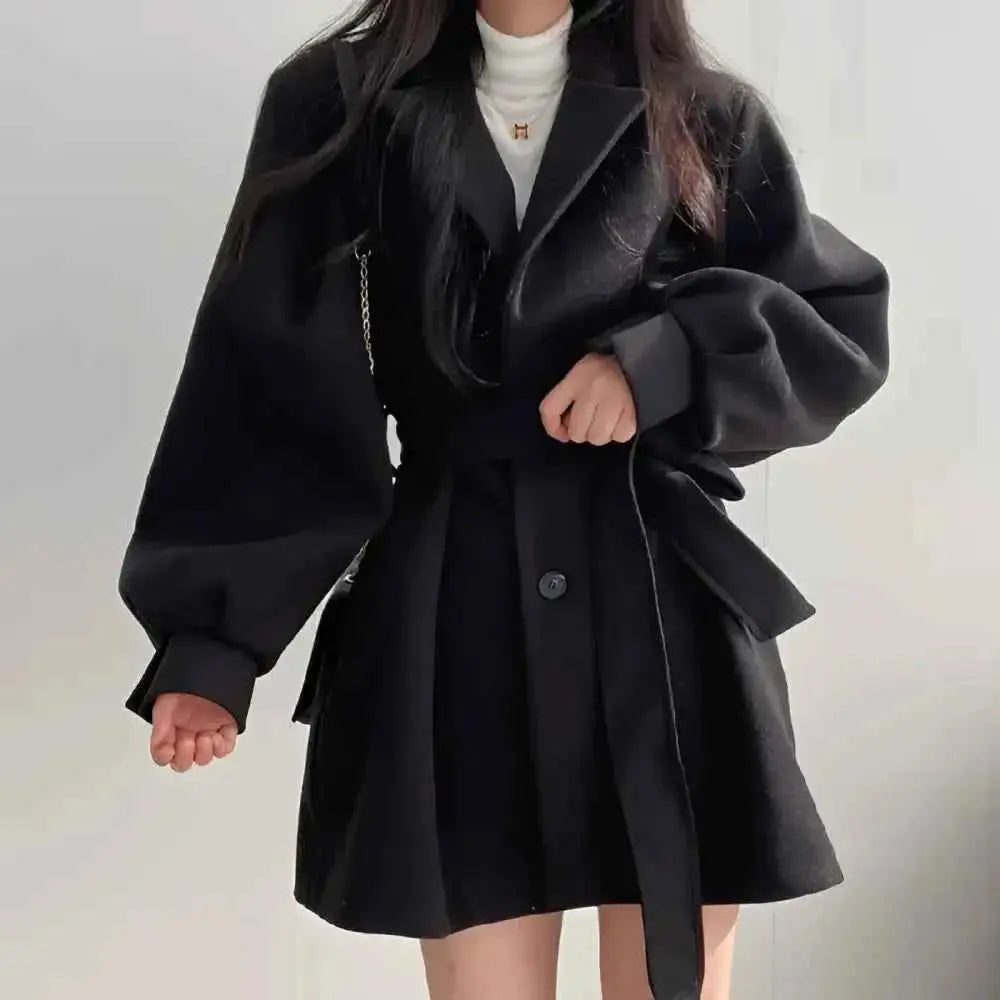 Cream Wool Coat Jacket with Belt and Voluminous Sleeves - Single Breasted Style - Wear Spot